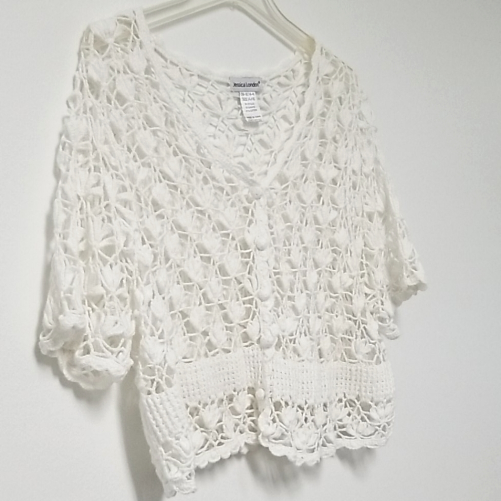 Crochet Cropped Cardigan Sweater Vneck‎ White Coquette Size Large - Picture 3 of 9